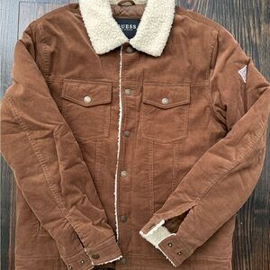 GUESS Men's Brown Corduroy Jacket with Sherpa Collar Size Large